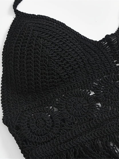 Bohemian cropped tie-front top for women, festival style with openwork details and fringes