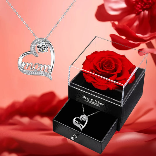 Collier Femme Cœur Élégant avec Inscription 'Mom' et Rose Éternelle – Cadeau Idéal Fête des Mères