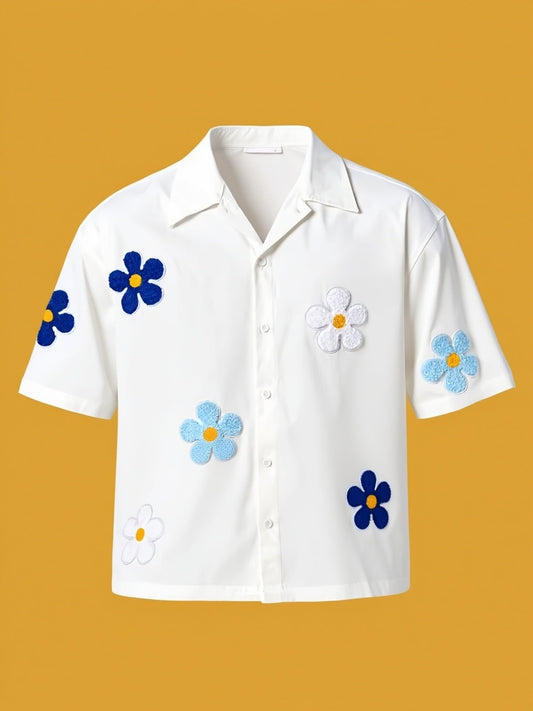 Men's casual short-sleeve camp shirt with floral appliqués for a trendy summer look