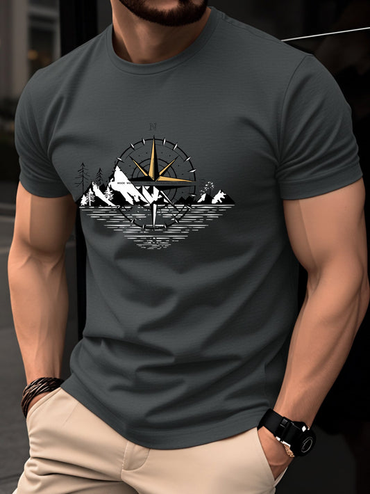 T-shirt Homme Style Aventure Montagne Boussole Graphique – Casual et Voyage