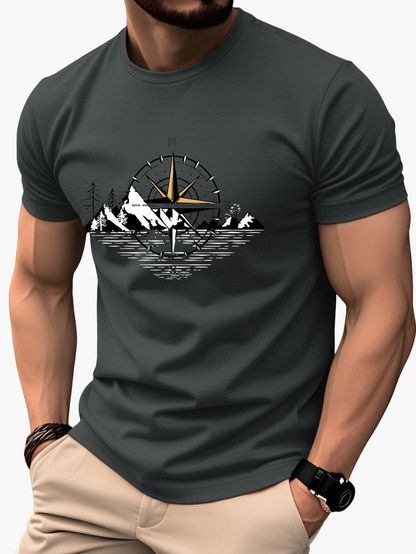 Herre T-shirt Eventyrstil Bjerg Kompas Grafik – Afslappet og Rejse