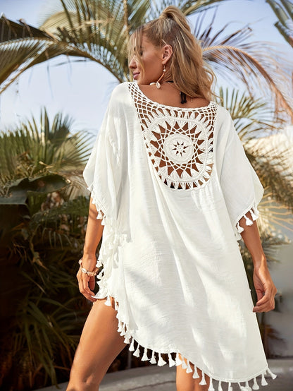 Vestido de playa bohemio chic para mujer con bordado calado y corte amplio – ideal para vacaciones y piscina