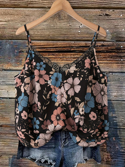 Top donna con spalline sottili, stile bohémien floreale, ideale per estate e vacanze