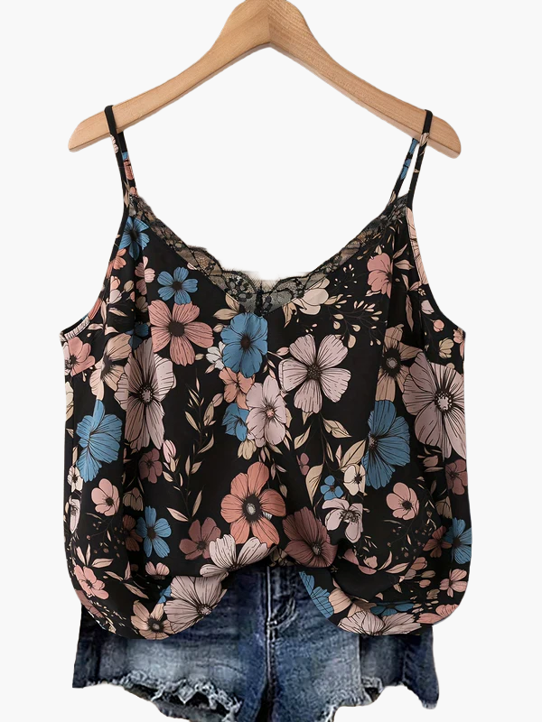 Top donna con spalline sottili, stile bohémien floreale, ideale per estate e vacanze