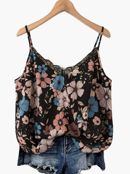 Top donna con spalline sottili, stile bohémien floreale, ideale per estate e vacanze