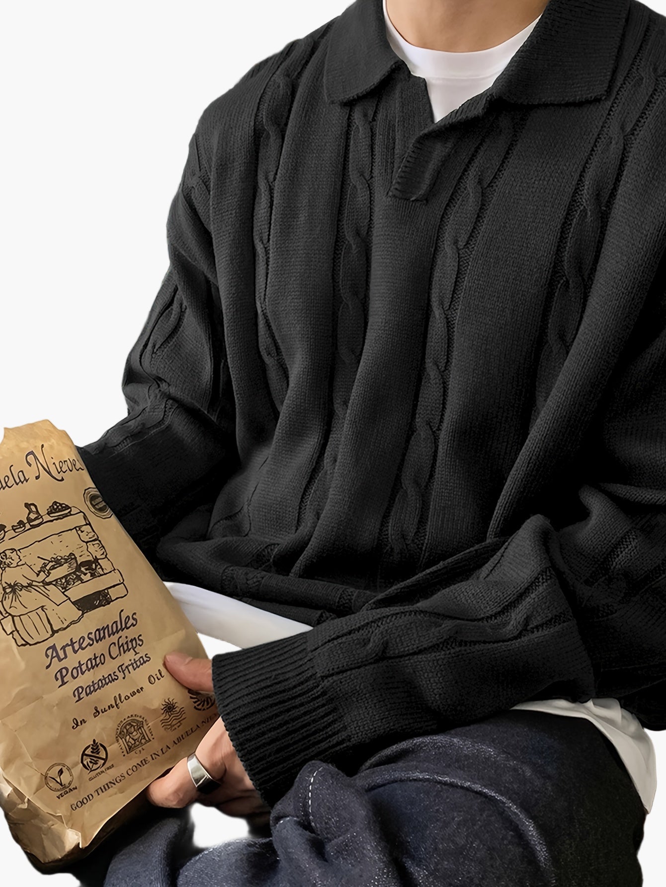 Pull polo décontracté homme style torsadé manches longues pour loisirs et sorties