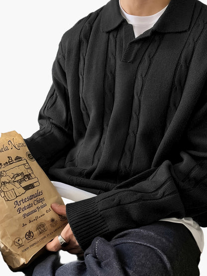 Pull polo décontracté homme style torsadé manches longues pour loisirs et sorties