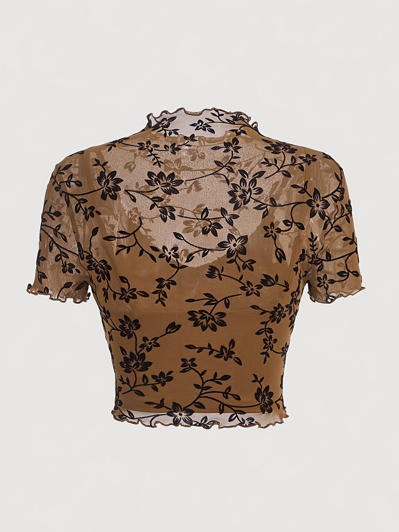 Elegant dame top med blomsterprint, transparent og med høj hals