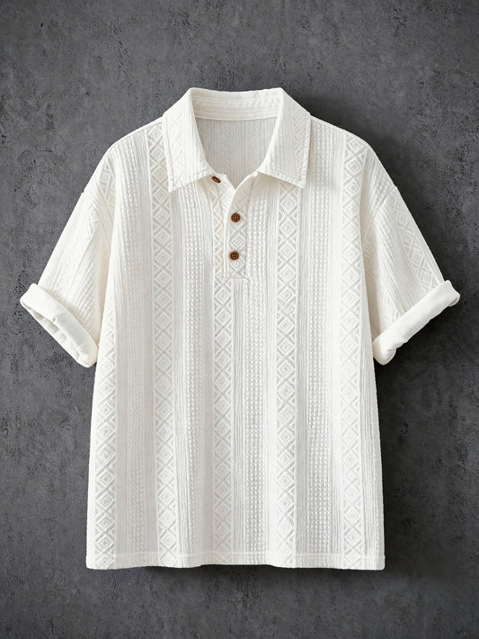 Men's short-sleeve polo shirt with geometric embroidery and elegant texture for a chic casual style