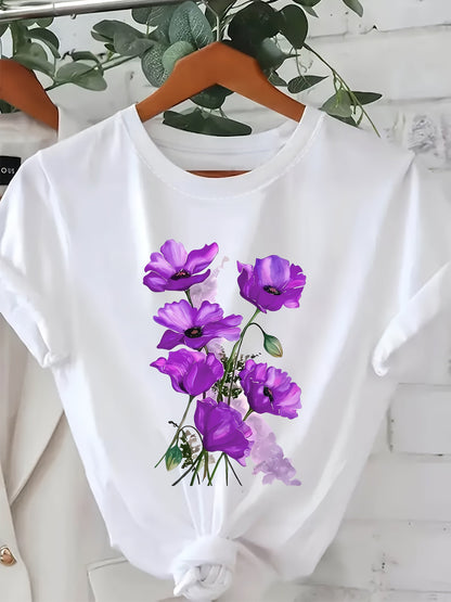 T-shirt donna stile casual con stampa floreale artistica per primavera ed estate