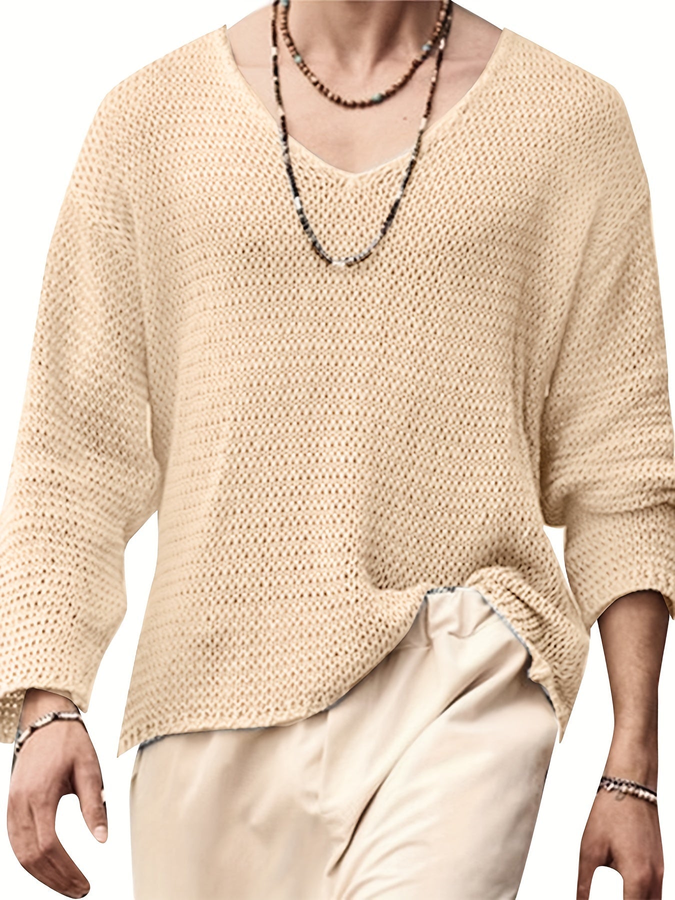 Maglione casual da uomo con scollo a V in maglia traforata, ideale per tutte le stagioni