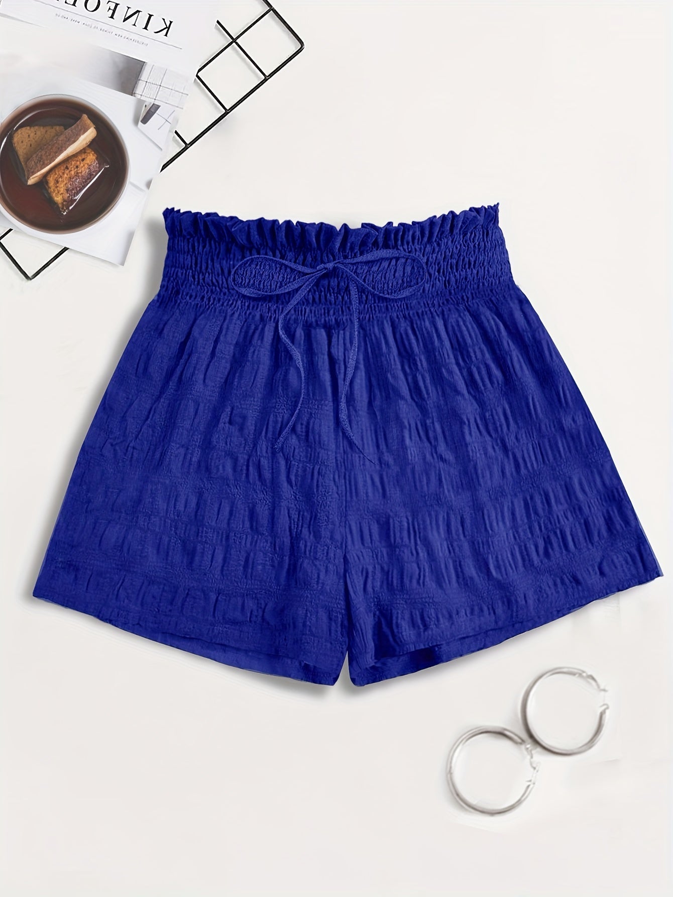 Short ample taille haute à smocks pour femme, style décontracté été
