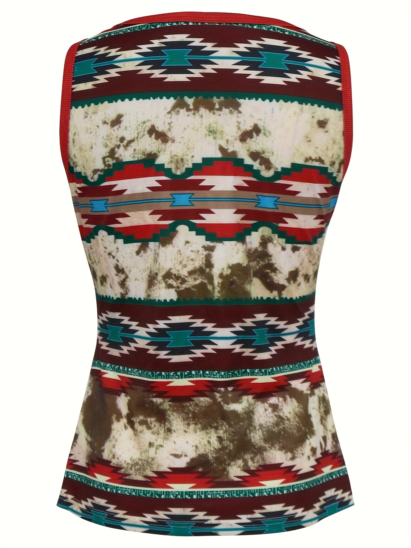 Camiseta sin mangas para mujer estilo bohemio con estampado geométrico, cuello en V, botones decorativos, moda casual de verano