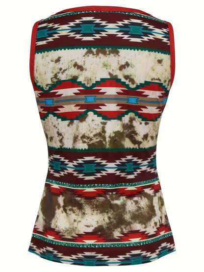 Camiseta sin mangas para mujer estilo bohemio con estampado geométrico, cuello en V, botones decorativos, moda casual de verano