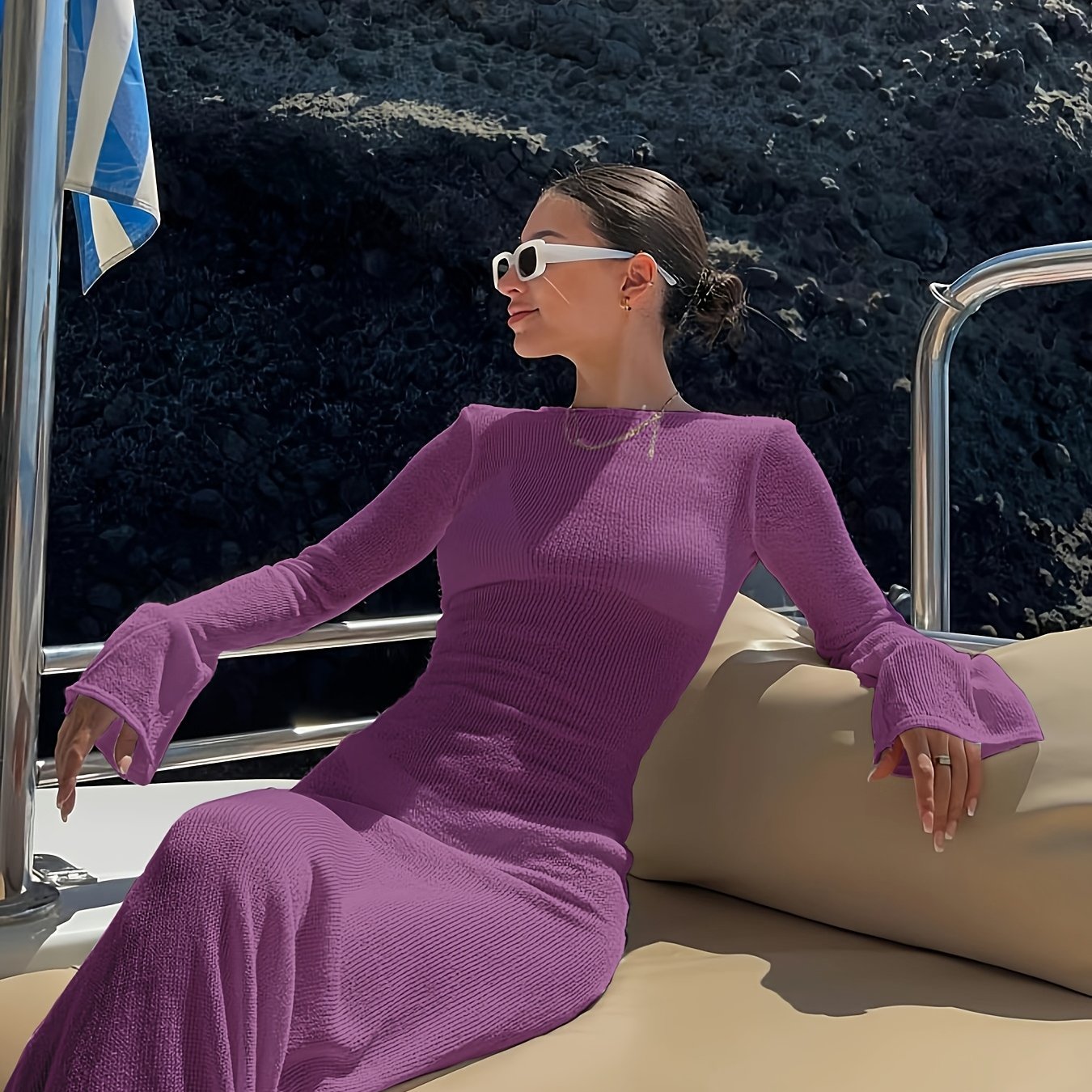 Abito lungo da spiaggia elegante a maniche lunghe per donna – Stile chic per vacanze e yacht