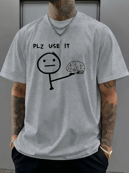 Camiseta hombre humorística estilo casual con motivo stickman "PLZ USE IT" – Ideal para un look relajado y original
