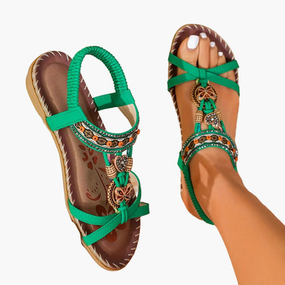 Women's Bohemian Slip-On Sandals with Ornaments and Ankle Strap - Casual Chic Style