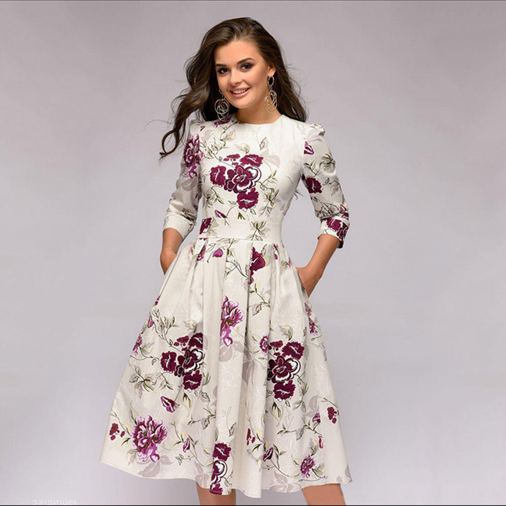 Robe femme élégante à fleurs style rétro mi-longue pour occasions spéciales