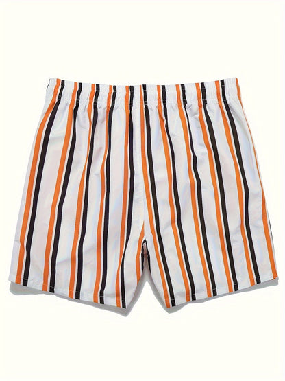 Krótkie spodenki kąpielowe męskie w paski, styl casual, na plażę i basen