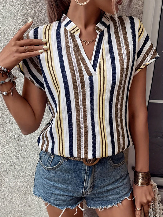 Blusa casual a righe da donna, scollo a V, maniche corte, stile estivo elegante