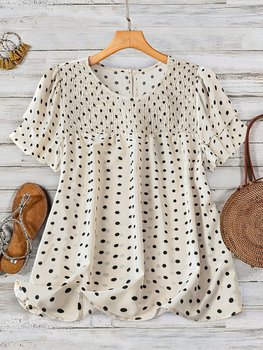 Blusa femminile a pois stile elegante con maniche corte e collo rotondo per l'estate