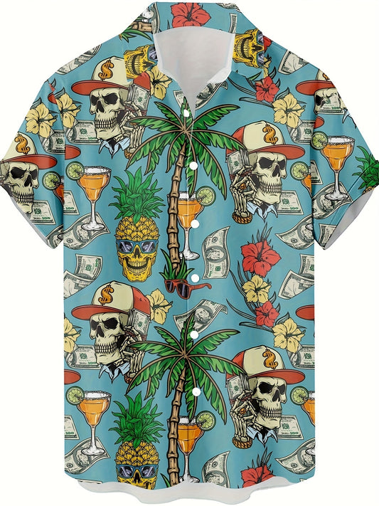 Men's Hawaiian shirt with tropical pattern, skulls, and dollars – casual summer style, beach, vacation