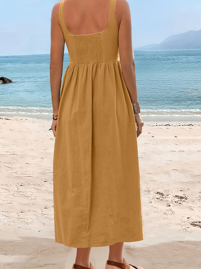 Robe Femme Midi Style Bohème Col Carré Sans Manches pour Vacances