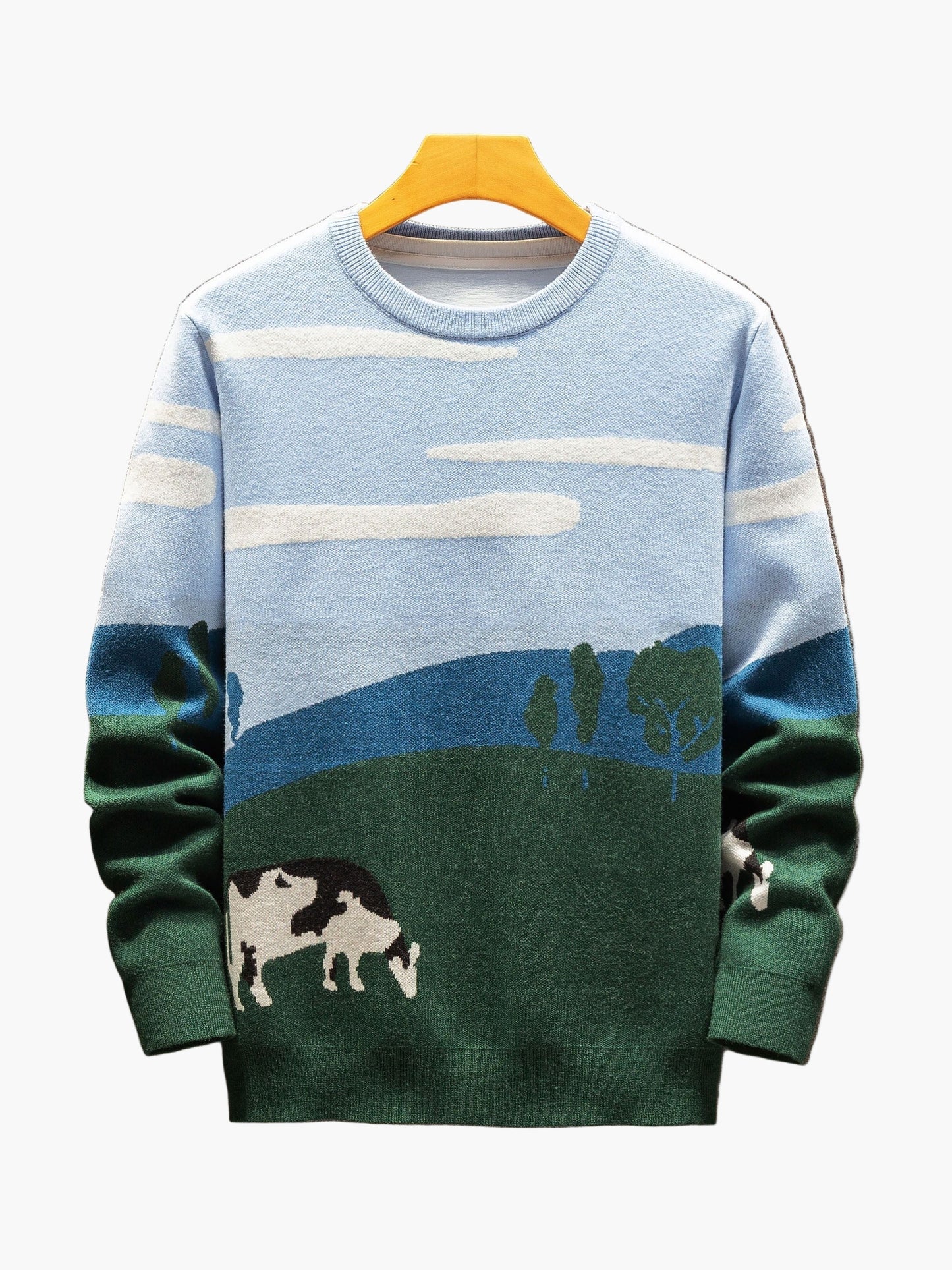 Pull-over décontracté homme motif paysage campagne et vaches pour automne/hiver