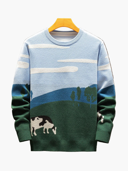 Pull-over décontracté homme motif paysage campagne et vaches pour automne/hiver