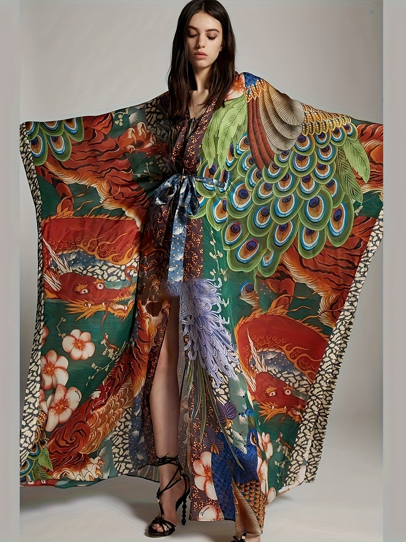 Kimono Kaftan lungo da donna stile orientale con stampa artistica per serate o vacanze