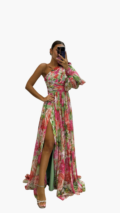 Abito da sera donna con spalle scoperte, stile floreale raffinato, elegante per eventi e occasioni estive