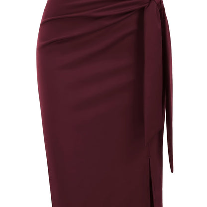 Jupe crayon élégante femme nouée à la taille, fente latérale, style bureau ou soirée