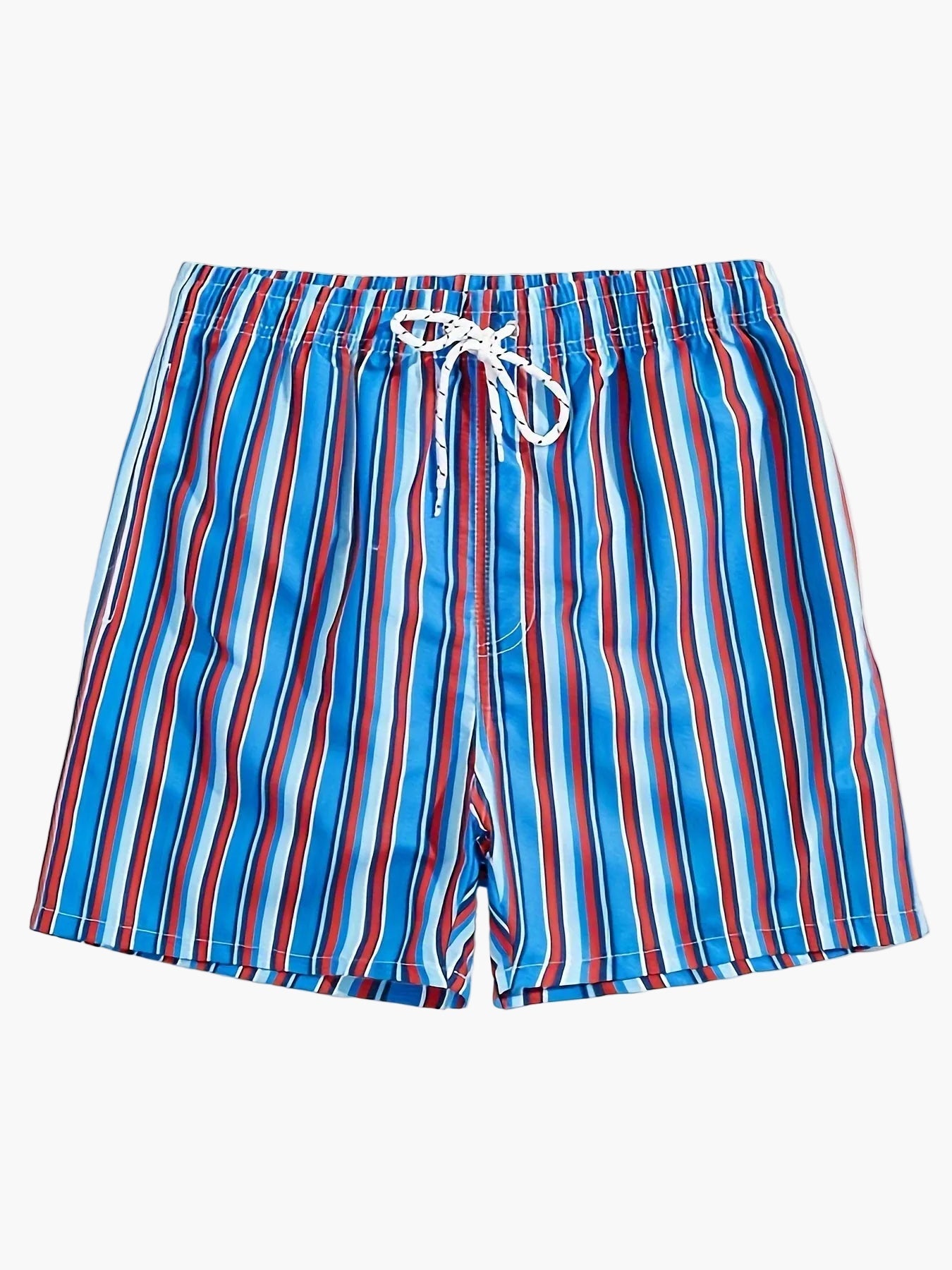 Krótkie spodenki kąpielowe męskie w paski, styl casual, na plażę i basen