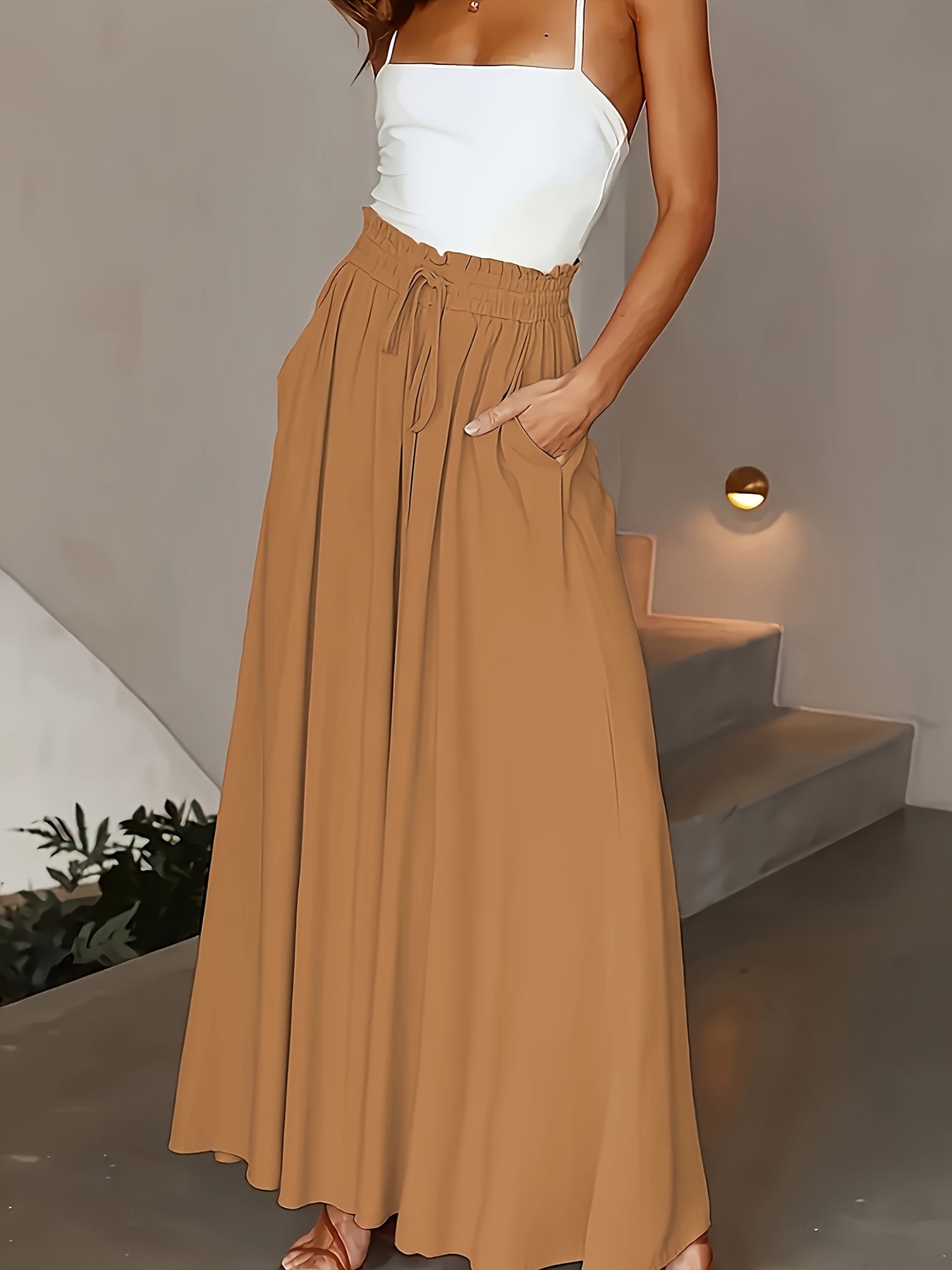 Jupe longue large taille haute avec poches pour femme – Style décontracté chic printemps/été