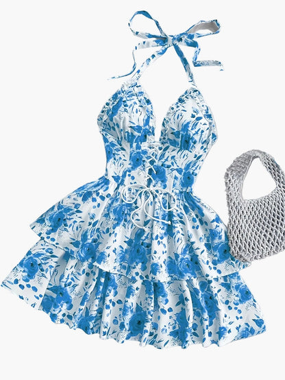 Women's summer dress in bohemian style with ruffles, halter neck, floral print, perfect for evenings and parties