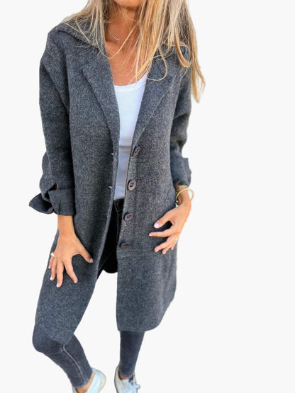 Manteau Long Décontracté à Revers pour Femme – Style Élégant et Polyvalent