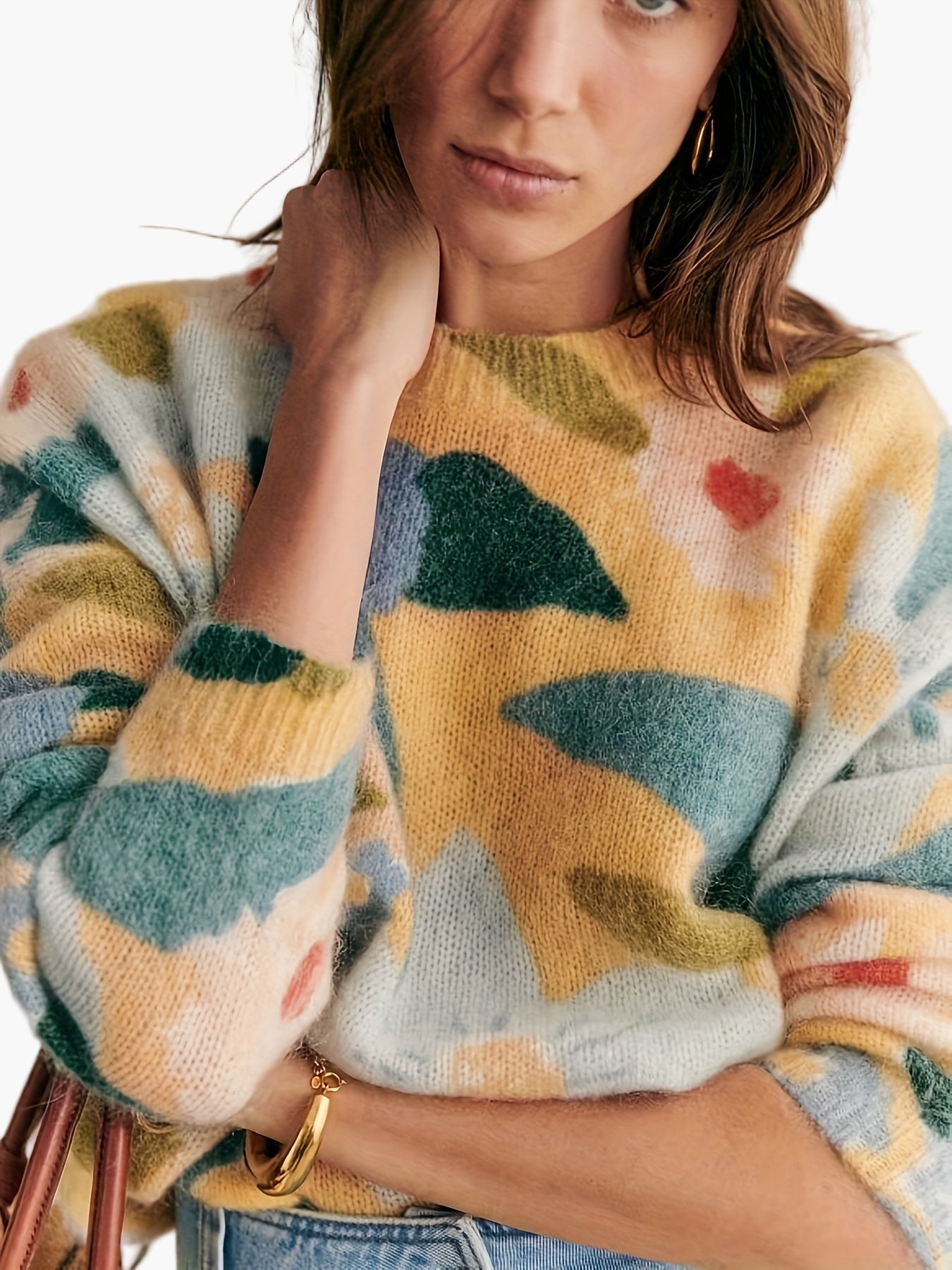 Pull femme élégant style artistique pour automne/hiver - motif floral abstrait, coupe moderne