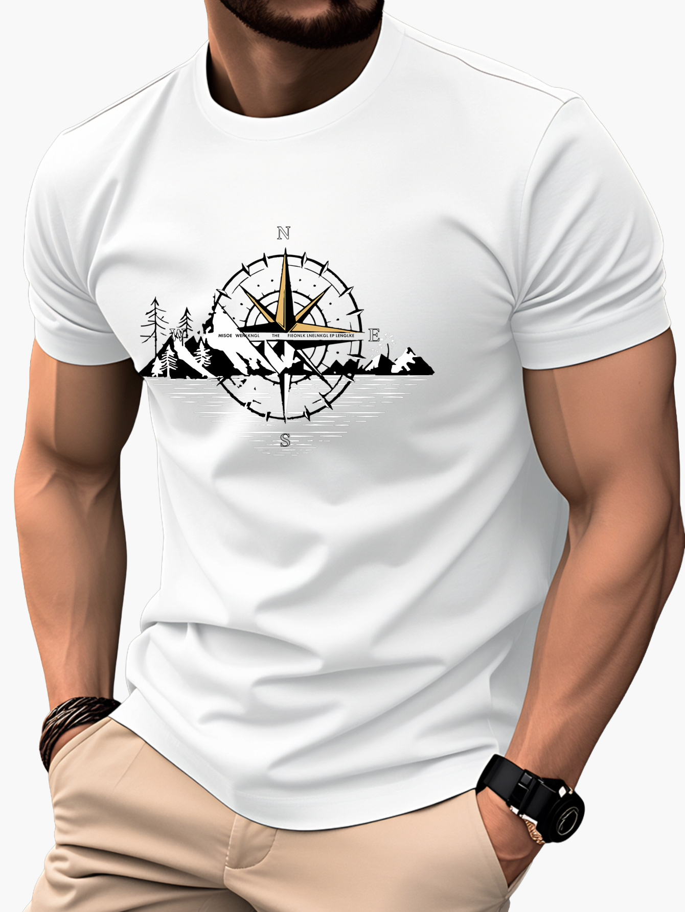 Herre T-shirt Eventyrstil Bjerg Kompas Grafik – Afslappet og Rejse