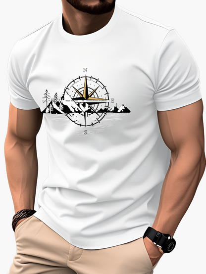 Herre T-shirt Eventyrstil Bjerg Kompas Grafik – Afslappet og Rejse