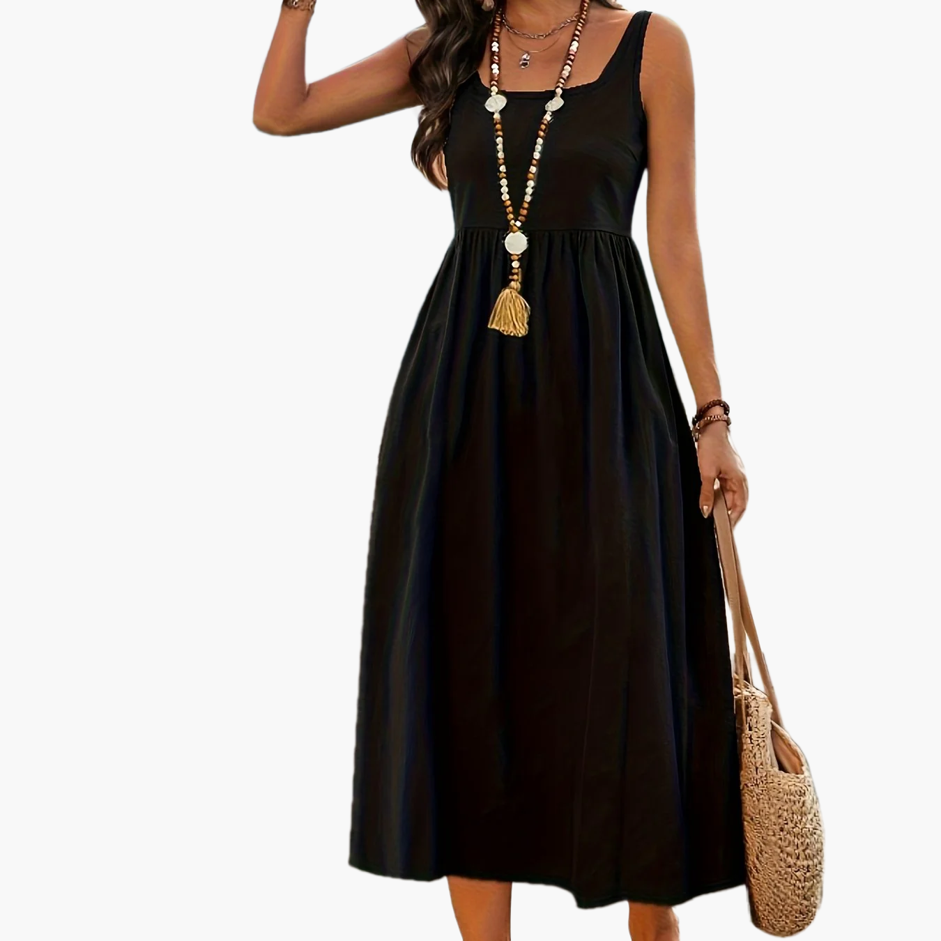 Robe Femme Midi Style Bohème Col Carré Sans Manches pour Vacances