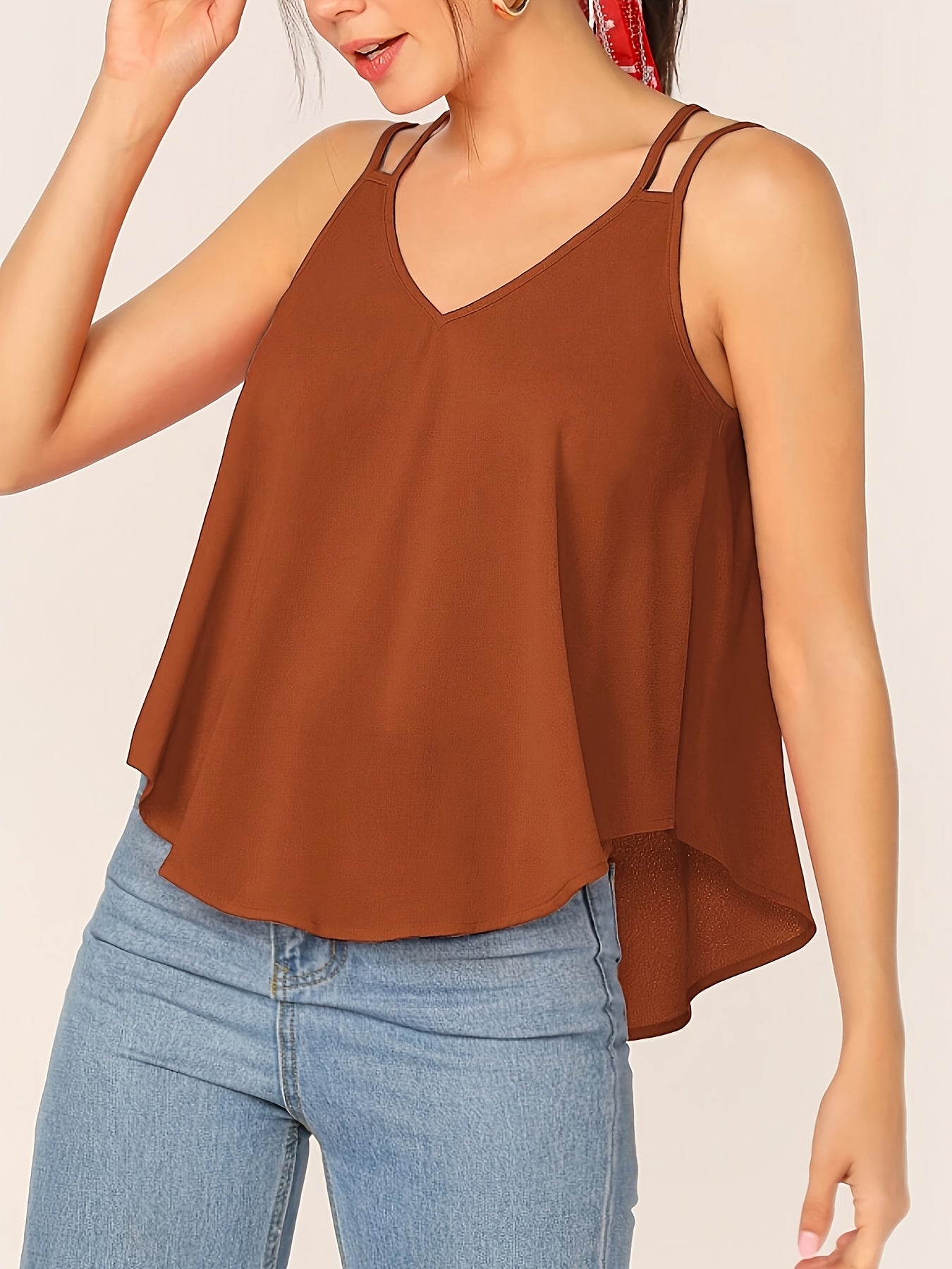 Camiseta sin mangas fluida de doble tirante para mujer, estilo casual chic
