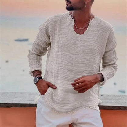 Ken – Chemise décontractée à col rond en couleur unie avec bords effilochés