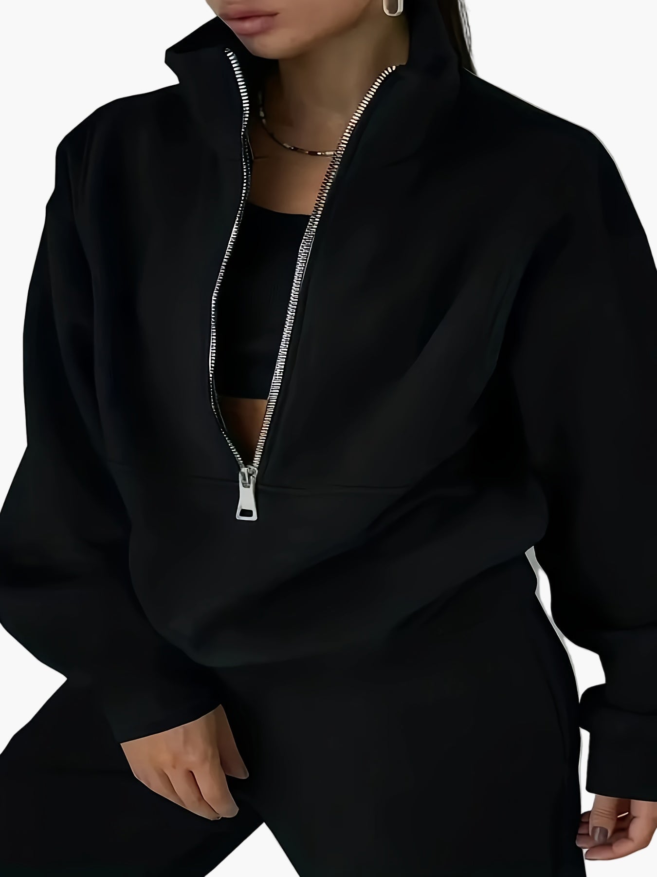 Sweat-shirt zippé à col montant pour femme, style décontracté, idéal automne/hiver