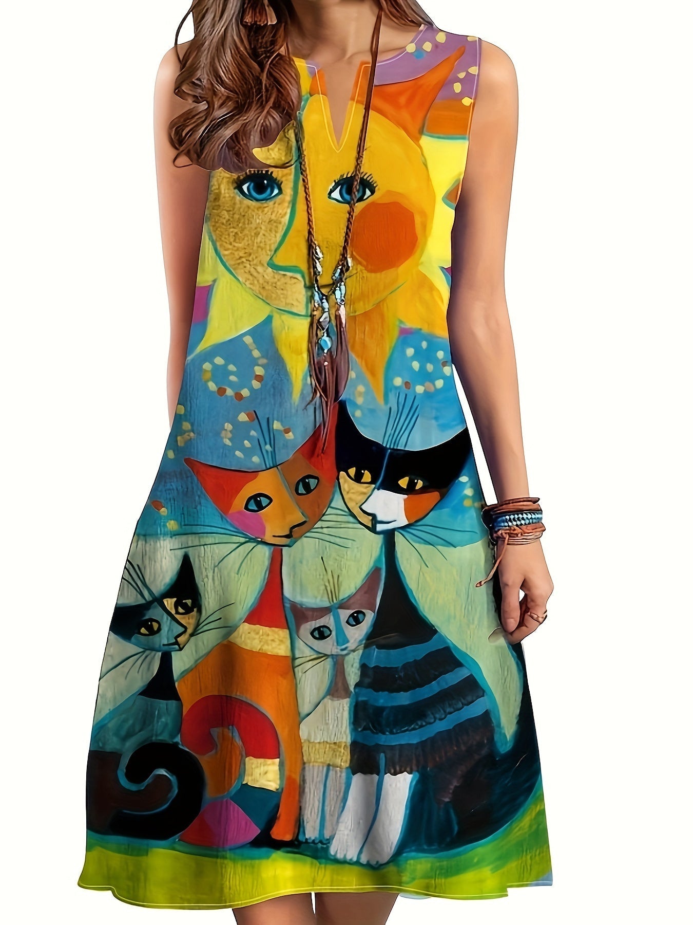 Robe décontractée femme style vintage motif artistique chats et soleil – idéale pour l'été et le printemps