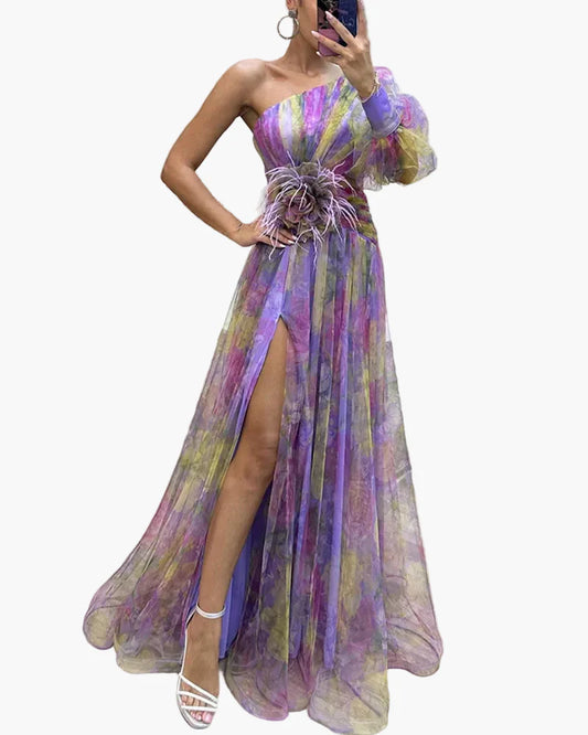 Abito lungo elegante donna stile serata a una spalla con spacco e balza alla moda