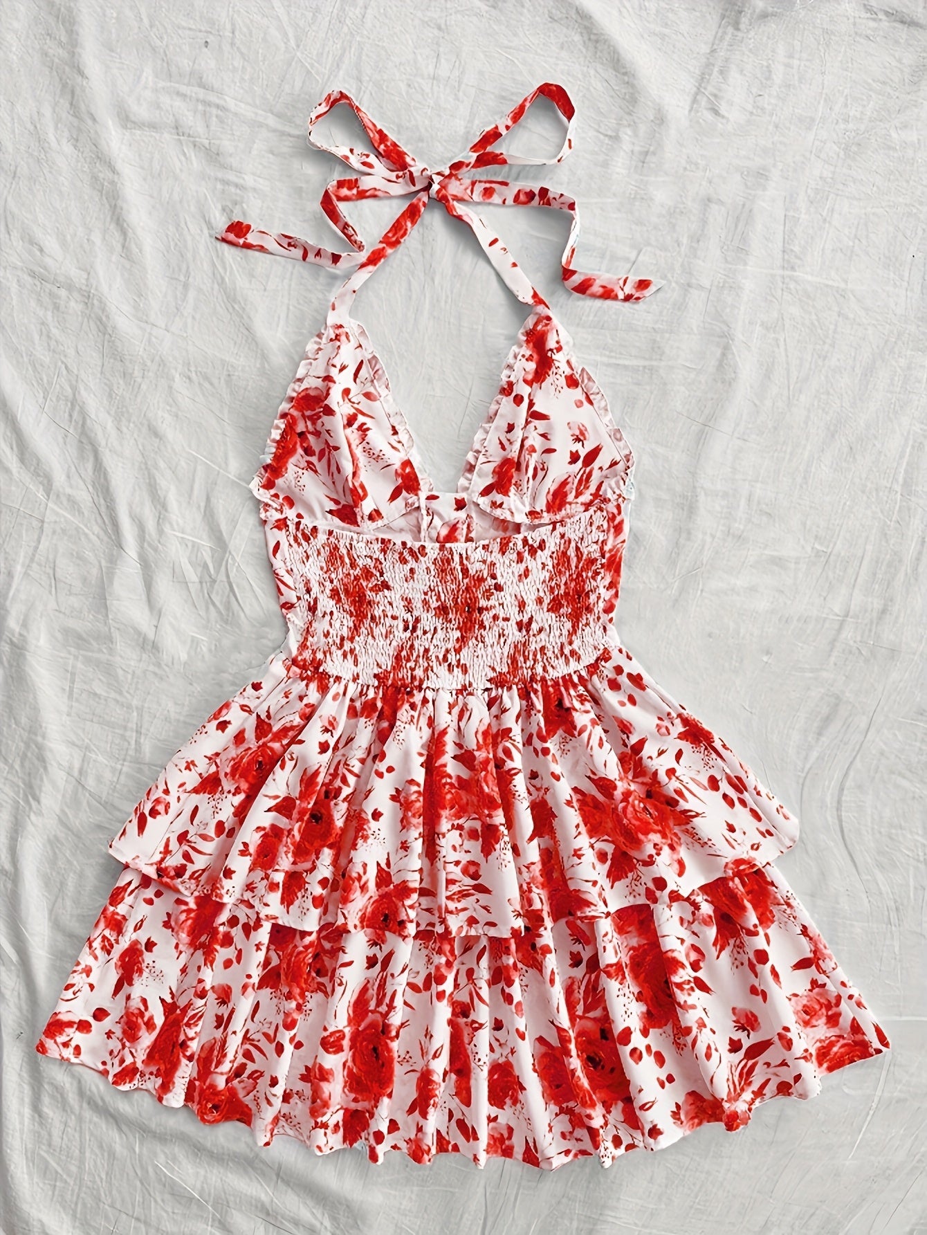 Women's summer dress in bohemian style with ruffles, halter neck, floral print, perfect for evenings and parties
