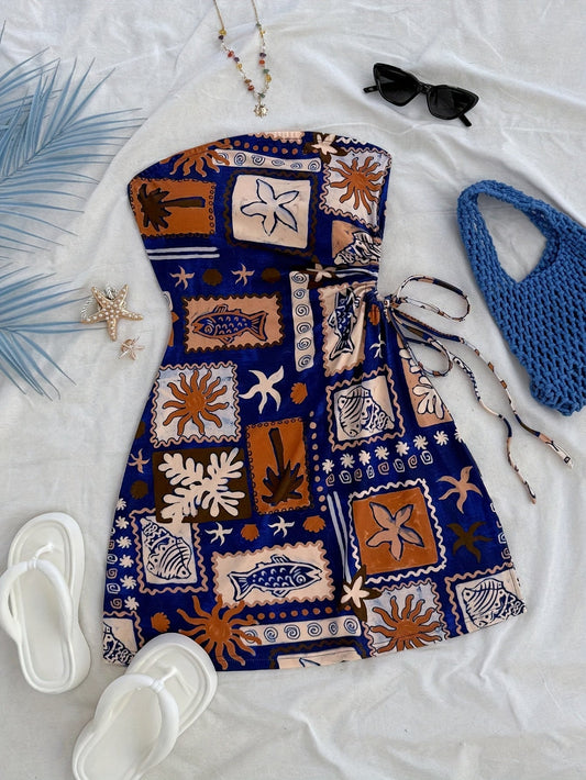 Vestido corto palabra de honor para mujer estilo costa con motivo tropical – Ideal para vacaciones y playa