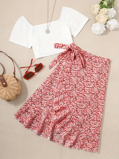 Damesensemble boho-chic stijl – Korte top met korte mouwen en bloemen wikkelrok