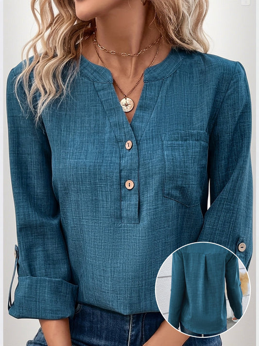 Blusa Donna Elegante con Collo a V e Bottoni Stile Casual con Tasca – Ideale per il Quotidiano e l'Ufficio