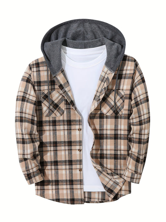 Casual Plaid Hooded Shirt for Men – Versatile Trendy Style